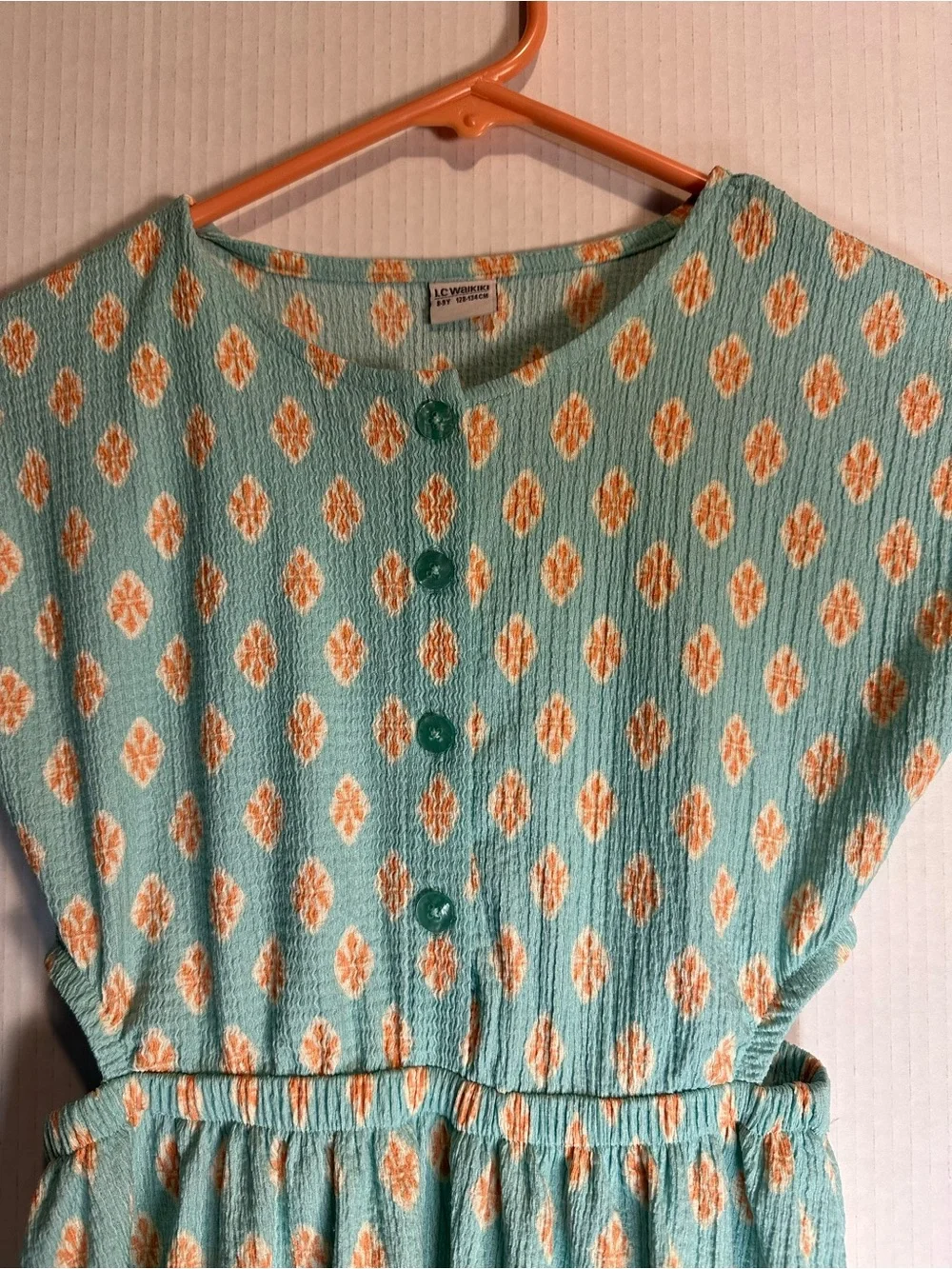 Girls' Teal Printed Button-Front Dress